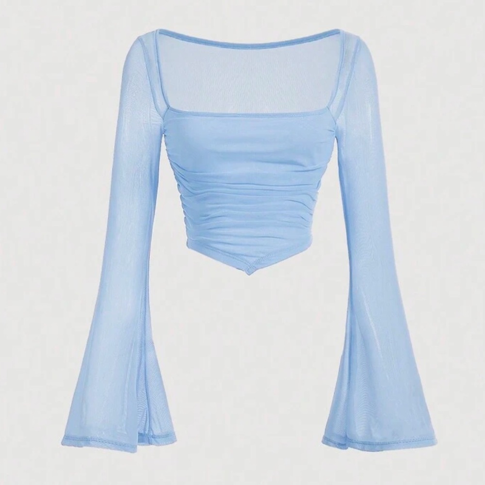 Mesh Trumpet Sleeve Square Neck Top